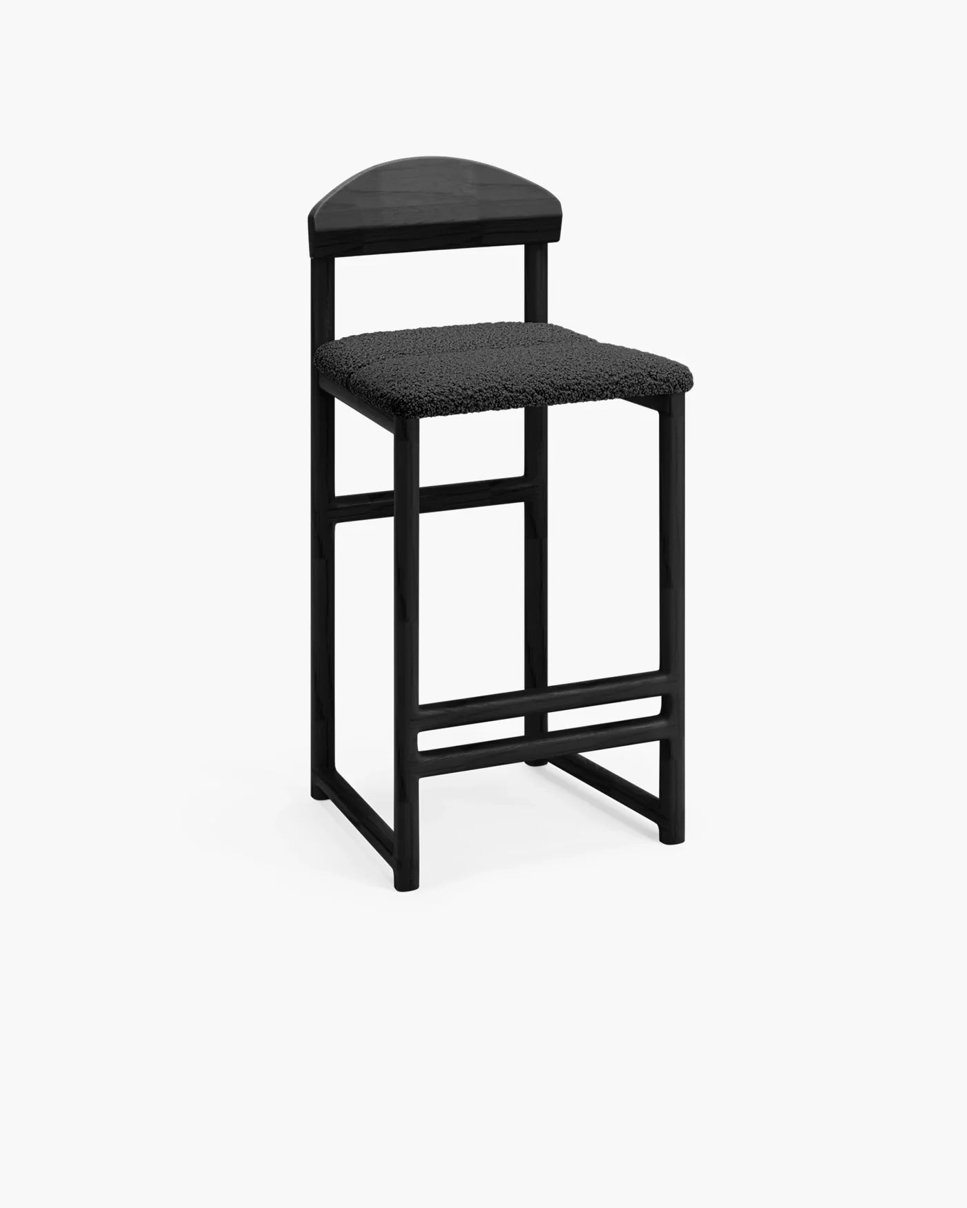 Ted bar stool in black oak with a stylish black bouclé seat, showcasing a sleek and sculptural design.